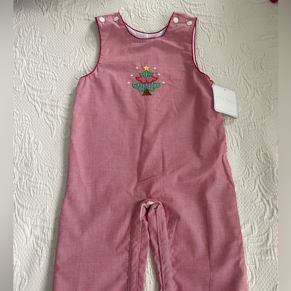 Petit Bebe Red Christmas Tree Embroidered Longalls. NEW w TAGS